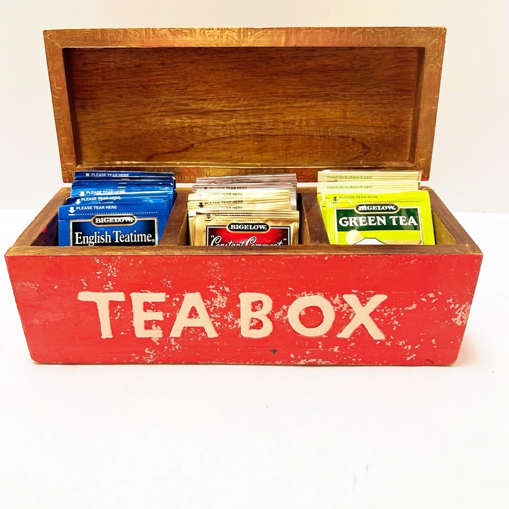 Vintage Orange/Red Tea Box wood Organizer Gold Lid